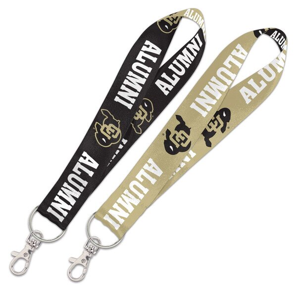 University of Colorado Alumni lanyard with black and gold sides, CU Buffalo logos, and "Alumni" text, featuring a metal lobster clasp and key ring.